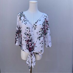 LUQ White Floral Tie-Front Top 3/4 Bell Sleeve V-Neck Boho Blouse XL
